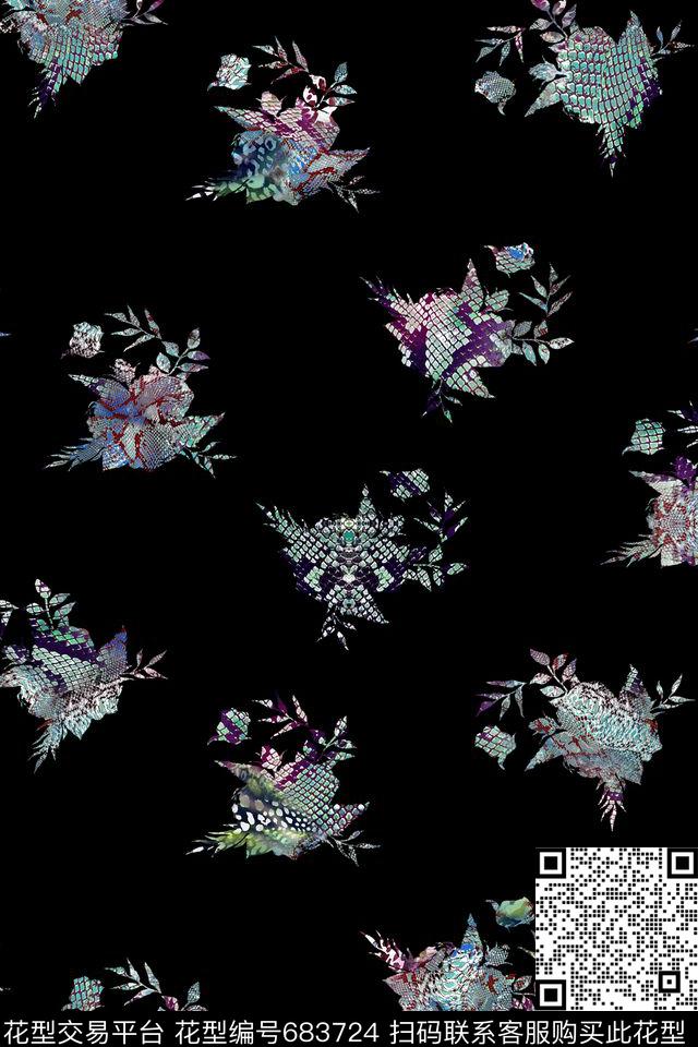 蛇纹花卉抽象数码印花花型下载（图片编号: 683724） - 瓦栏（Walan）