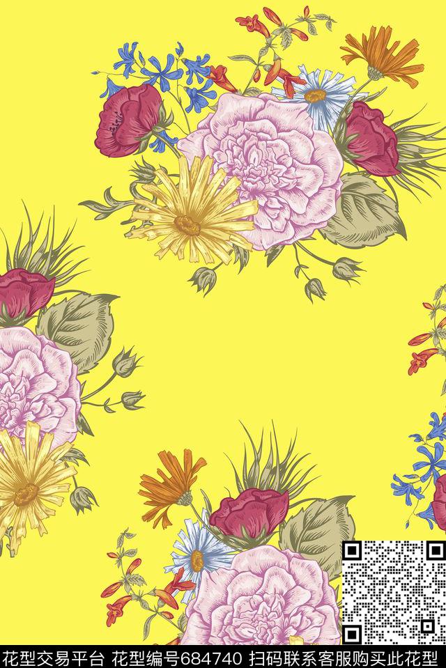 清爽手绘花卉传统印花花型下载（图片编号: 684740） - 瓦栏（Walan）