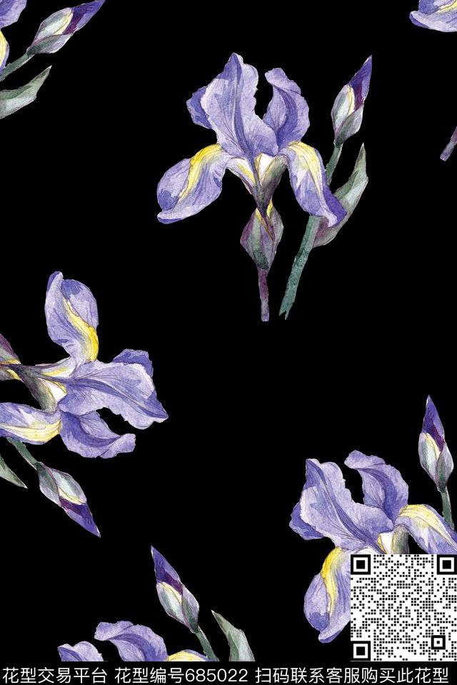 手绘紫色花卉数码印花花型下载（图片编号: 685022） - 瓦栏（Walan）