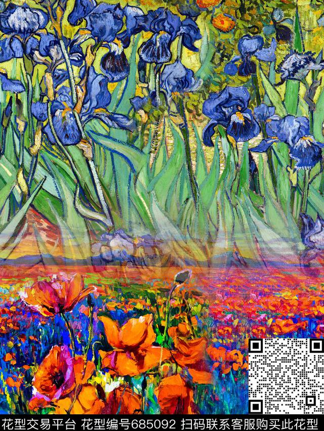 风景手绘油画风景漂亮复古花卉数码印花花型下载（图片编号: 685092） - 瓦栏（Walan）