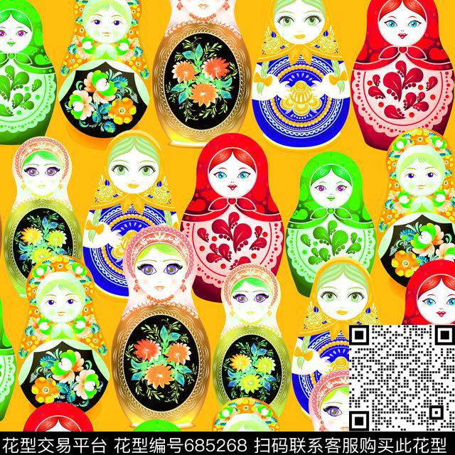 中国棉袄娃娃黄.jpg - 685268 - 卡通 中国棉袄吉娃娃 - 数码印花花型 － 女装花型设计 － 瓦栏