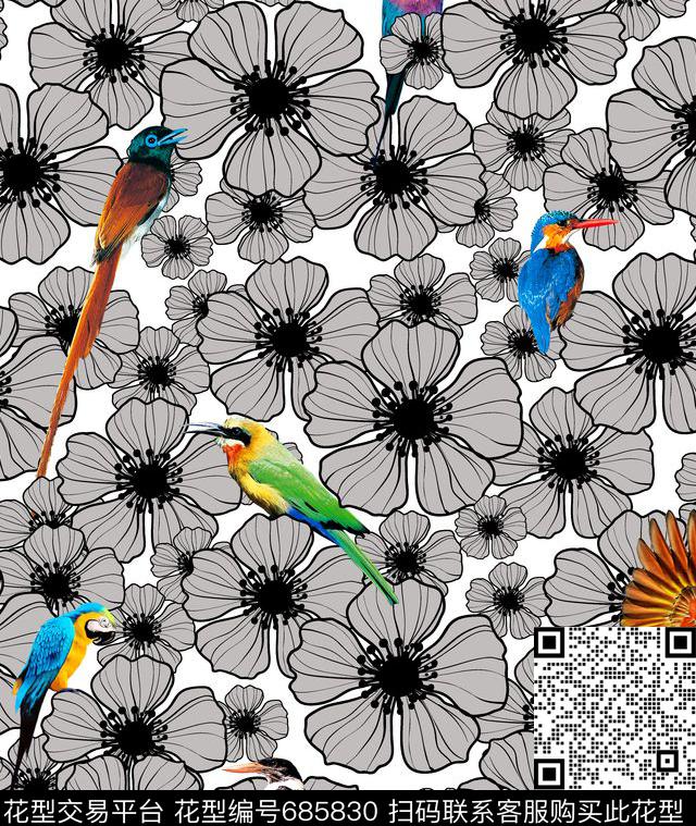 fei-56754434654.jpg - 685830 - Fei-动物世界 花鸟 鹦鹉 - 数码印花花型 － 女装花型设计 － 瓦栏