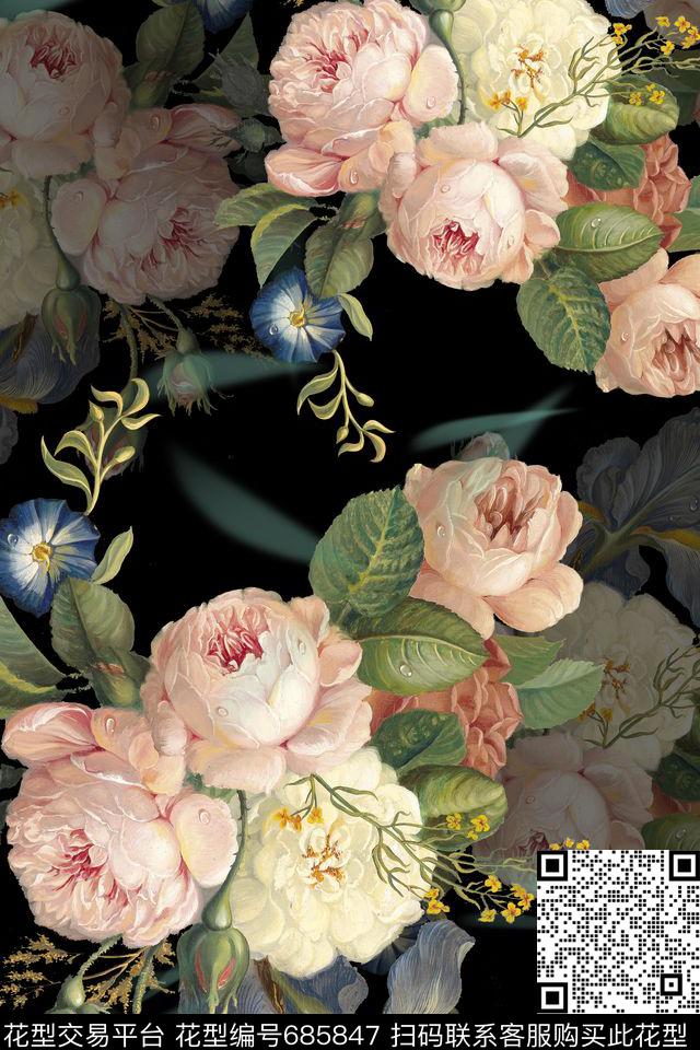 油画花卉五彩玫瑰数码印花花型下载（图片编号: 685847） - 瓦栏（Walan）