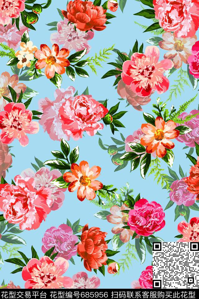 水彩实色花朵08947c.tif - 685956 - 花卉 花朵 纺家 - 传统印花花型 － 女装花型设计 － 瓦栏