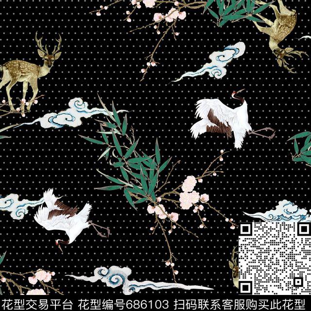 仙鹤中国风水墨数码印花花型下载（图片编号: 686103） - 瓦栏（Walan）