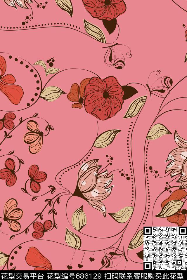 几何经典花卉传统印花花型下载（图片编号: 686129） - 瓦栏（Walan）