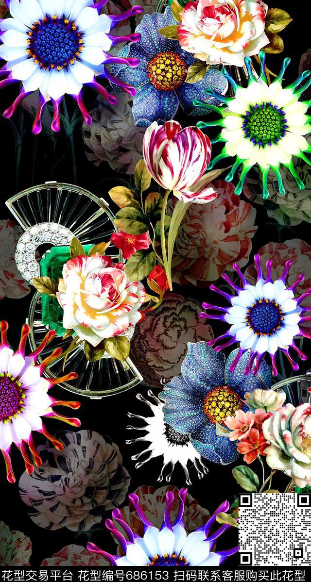 炫彩花卉组合珠宝宝石数码印花花型下载（图片编号: 686153） - 瓦栏（Walan）