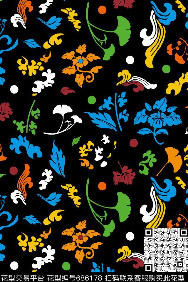 花卉花朵四叶草传统印花花型下载（图片编号: 686178） - 瓦栏（Walan）