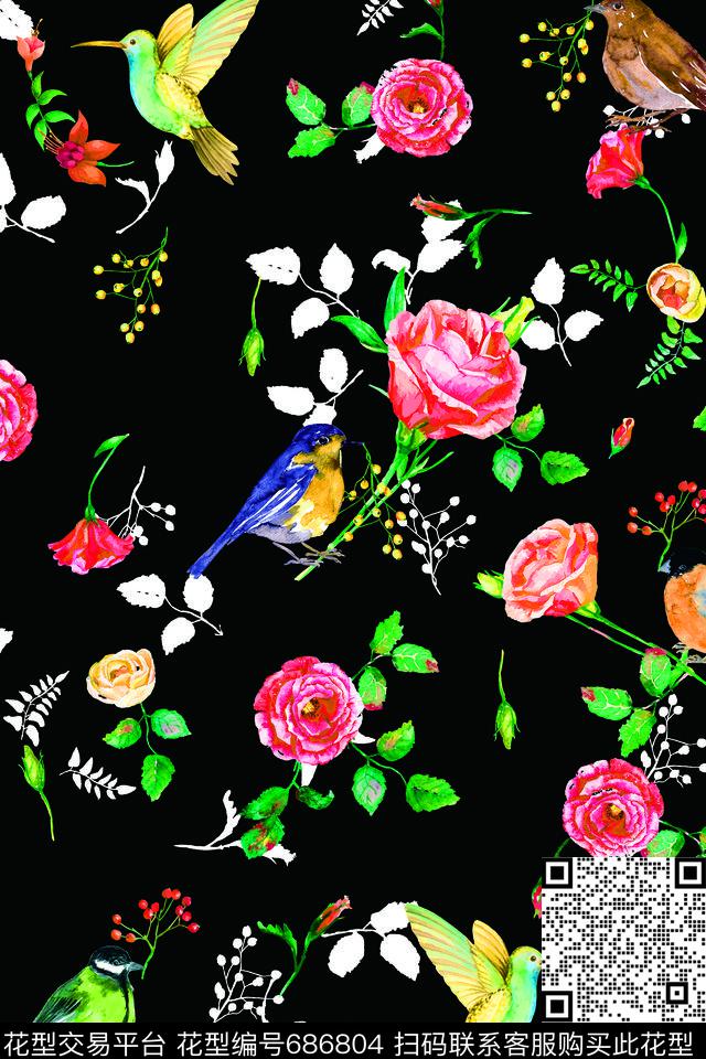 水彩果实叶子小鸟08952.tif - 686804 - 水彩 花朵 果实 - 数码印花花型 － 女装花型设计 － 瓦栏