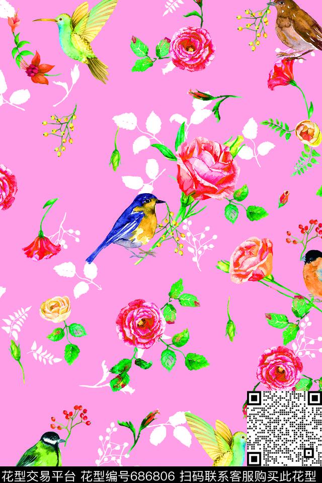 水彩果实叶子小鸟08952c.tif - 686806 - 水彩 花朵 果实 - 数码印花花型 － 女装花型设计 － 瓦栏