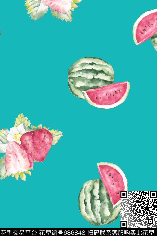 手绘水彩西瓜数码印花花型下载（图片编号: 686848） - 瓦栏（Walan）