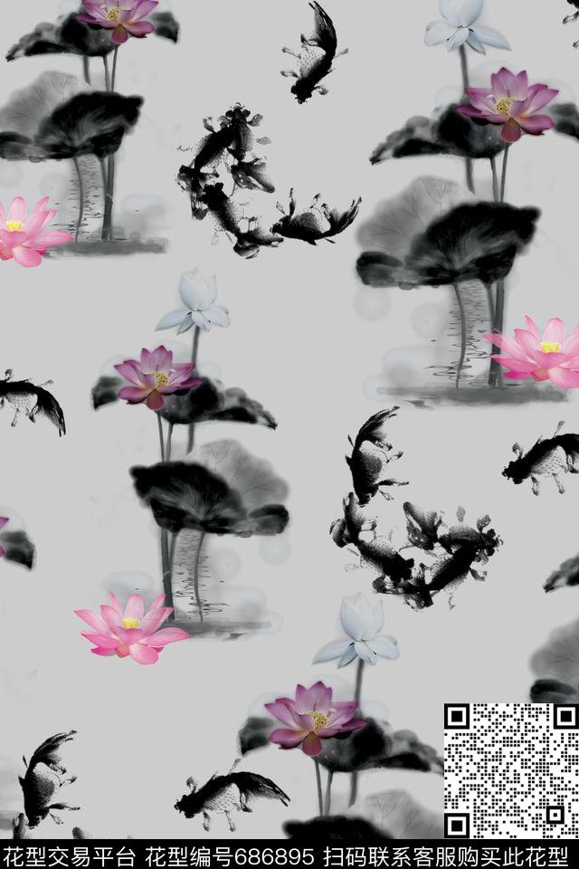 2016080901.jpg - 686895 - 花卉 荷花 中国风 - 传统印花花型 － 女装花型设计 － 瓦栏