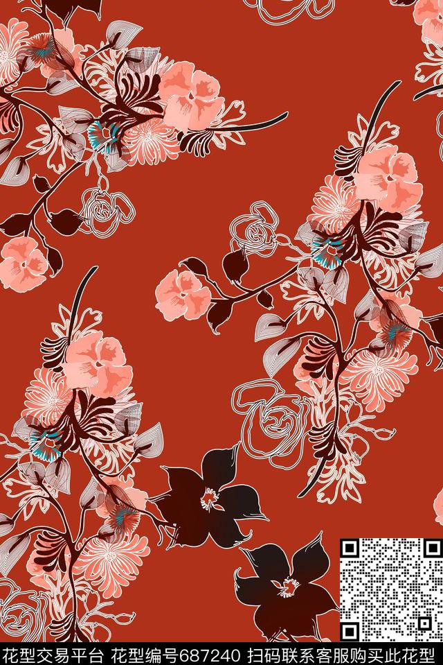 铁锈红线描花卉传统印花花型下载（图片编号: 687240） - 瓦栏（Walan）