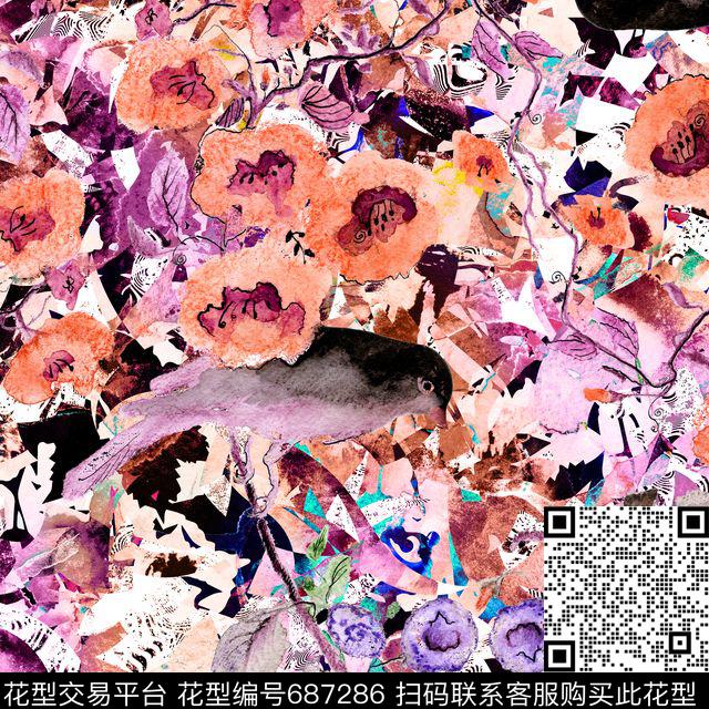 流行色水彩抽象数码印花花型下载（图片编号: 687286） - 瓦栏（Walan）