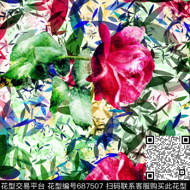 大朵玫瑰花卉数码印花花型下载（图片编号: 687507） - 瓦栏（Walan）