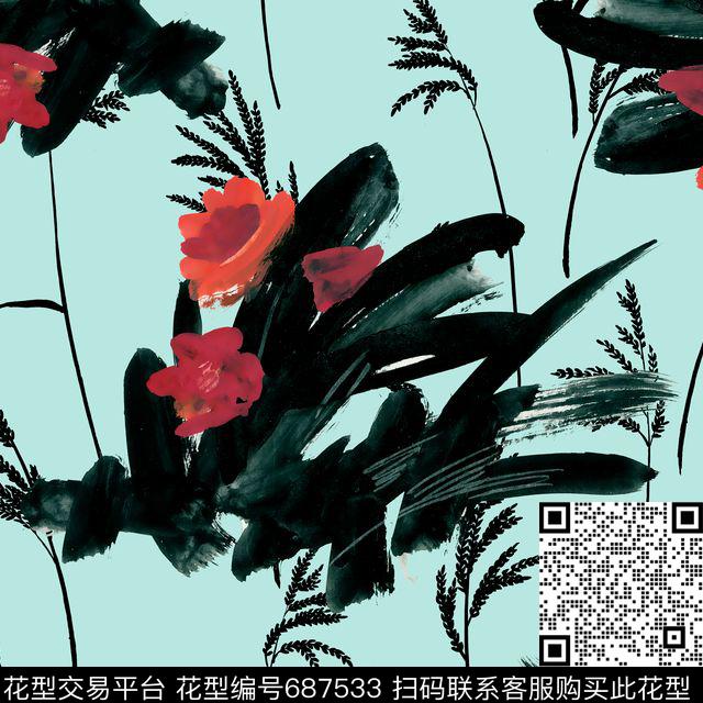 水墨笔触抽象数码印花花型下载（图片编号: 687533） - 瓦栏（Walan）