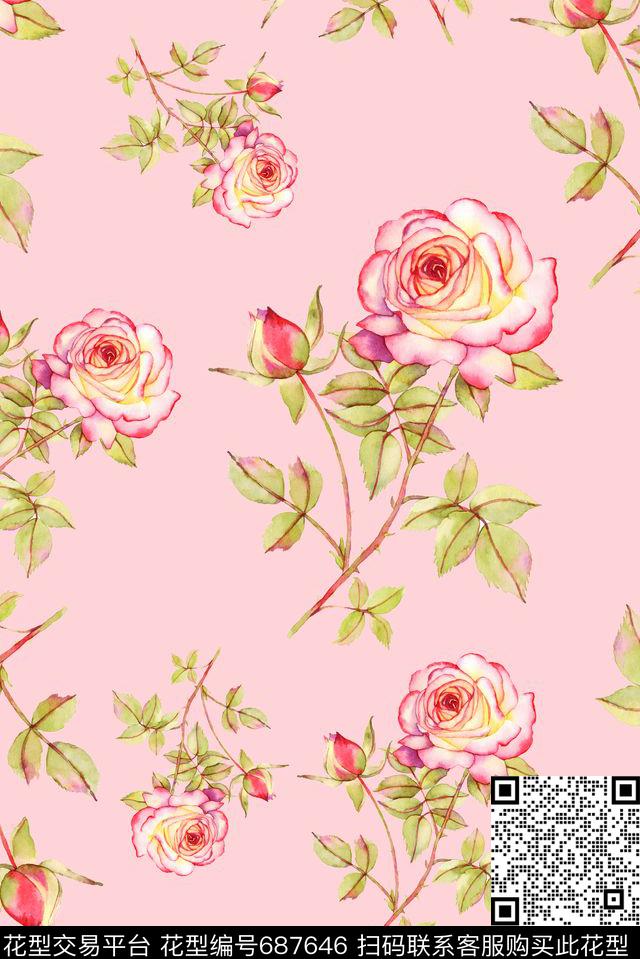 手绘玫瑰花朵数码印花花型下载（图片编号: 687646） - 瓦栏（Walan）