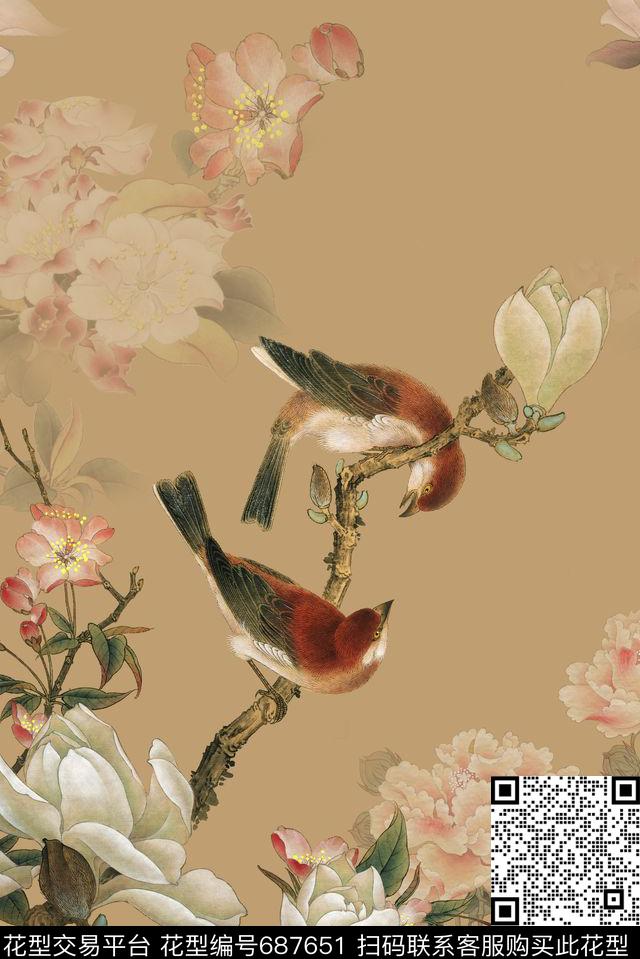 花朵花鸟清新数码印花花型下载（图片编号: 687651） - 瓦栏（Walan）