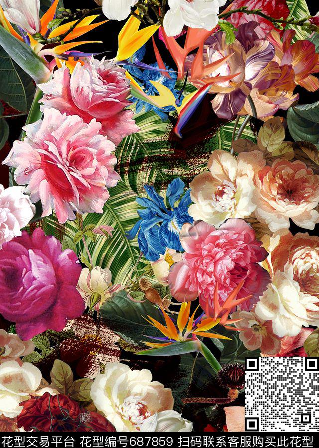 牡丹花卉组合油画花型数码印花花型下载（图片编号: 687859） - 瓦栏（Walan）