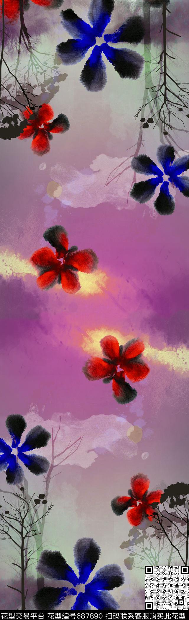 围巾风景花朵数码印花花型下载（图片编号: 687890） - 瓦栏（Walan）