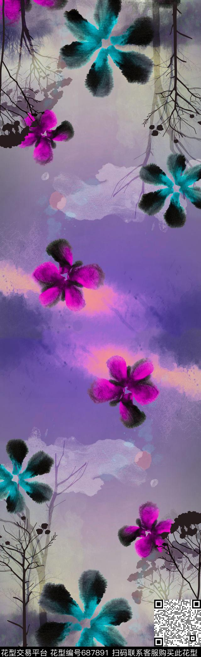 围巾风景花朵数码印花花型下载（图片编号: 687891） - 瓦栏（Walan）