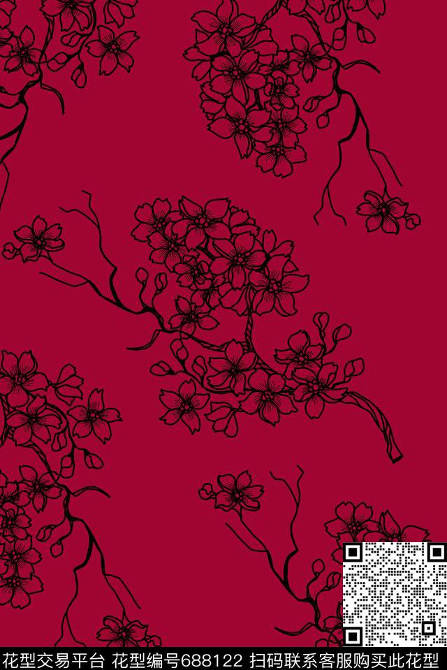 呢绒线描树枝传统印花花型下载（图片编号: 688122） - 瓦栏（Walan）
