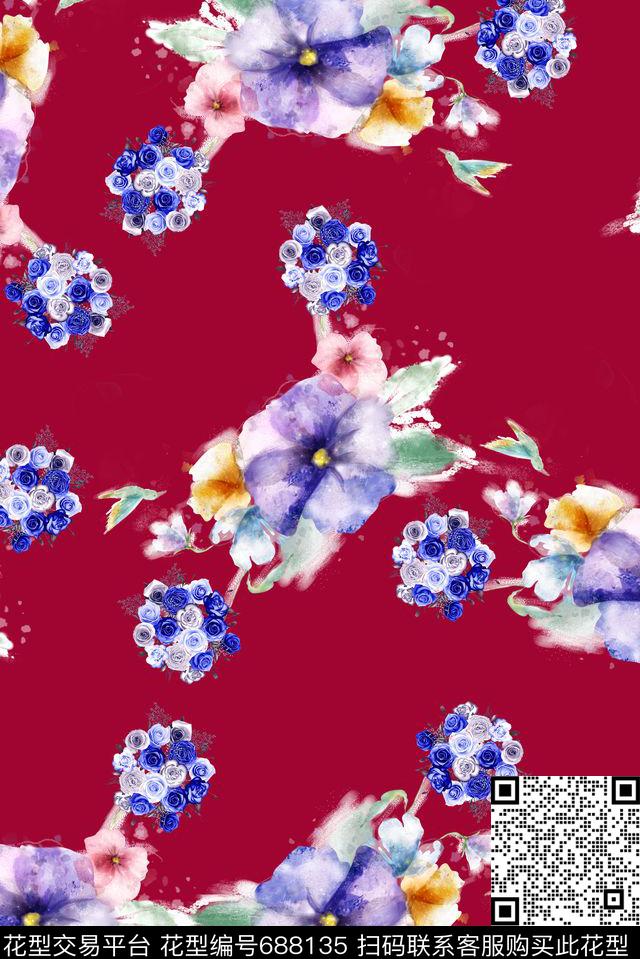 手绘水彩花卉数码印花花型下载（图片编号: 688135） - 瓦栏（Walan）
