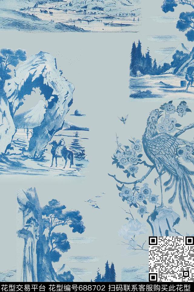树林天空山川数码印花花型下载（图片编号: 688702） - 瓦栏（Walan）