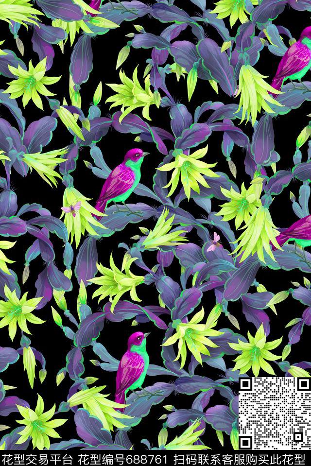 手绘热带花卉数码印花花型下载（图片编号: 688761） - 瓦栏（Walan）