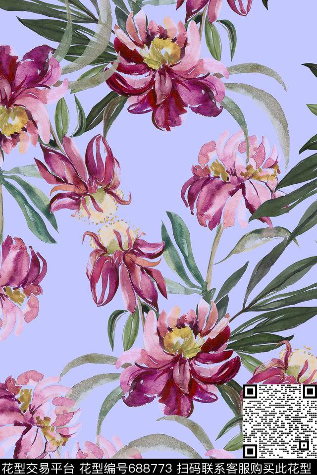 手绘花卉植物数码印花花型下载（图片编号: 688773） - 瓦栏（Walan）