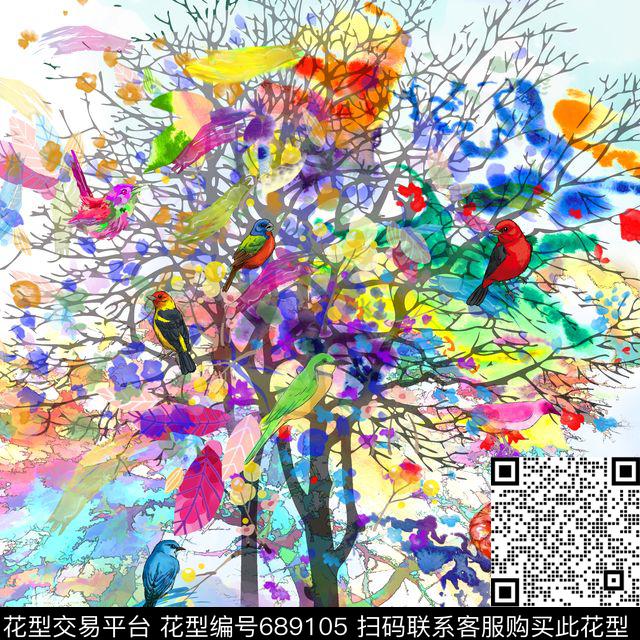 抽象彩色花纹水彩鸟彩色树数码印花花型下载（图片编号: 689105） - 瓦栏（Walan）