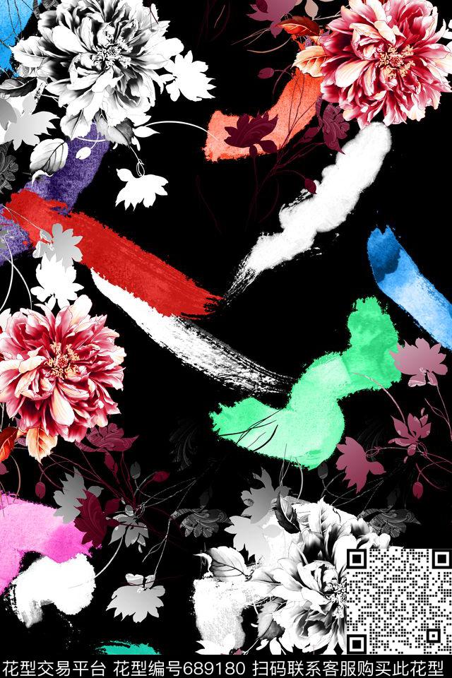 花卉笔刷泼墨数码印花花型下载（图片编号: 689180） - 瓦栏（Walan）