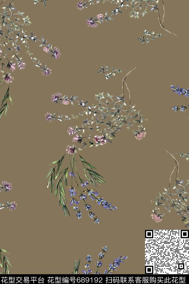 手绘树枝花卉数码印花花型下载（图片编号: 689192） - 瓦栏（Walan）