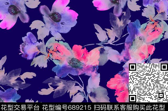 五彩手绘花卉数码印花花型下载（图片编号: 689215） - 瓦栏（Walan）