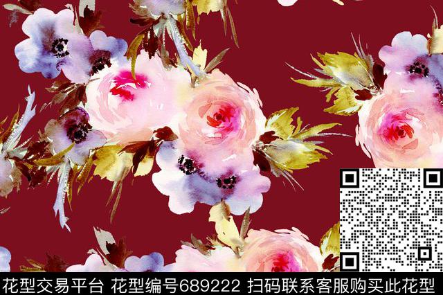 爆款手绘花卉数码印花花型下载（图片编号: 689222） - 瓦栏（Walan）