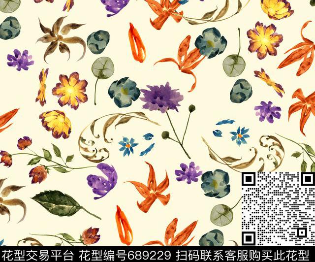 手绘花卉排列数码印花花型下载（图片编号: 689229） - 瓦栏（Walan）