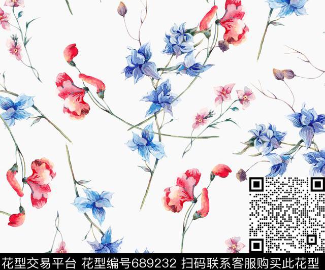 手绘瘦长花卉数码印花花型下载（图片编号: 689232） - 瓦栏（Walan）