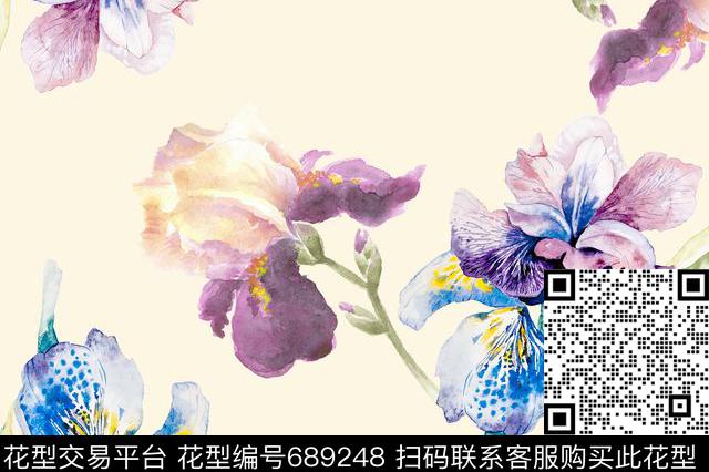 手绘花卉紫色数码印花花型下载（图片编号: 689248） - 瓦栏（Walan）