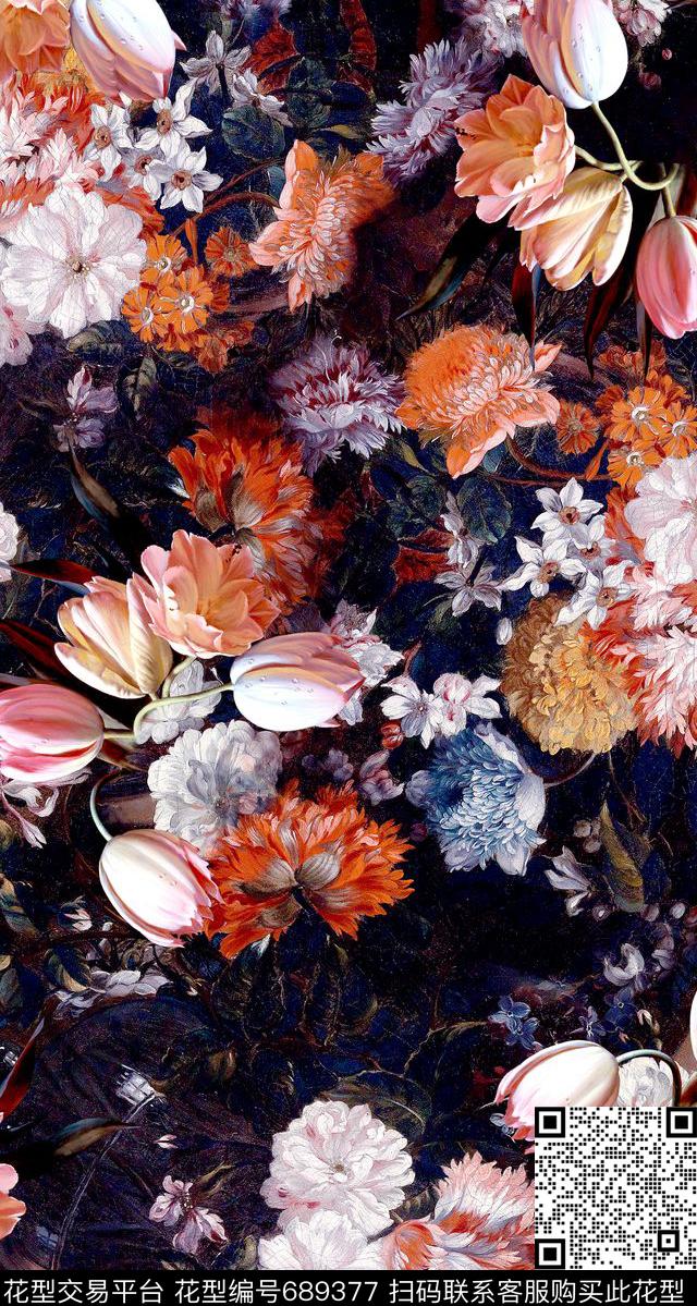 油画花卉花卉组合复古油画数码印花花型下载（图片编号: 689377） - 瓦栏（Walan）