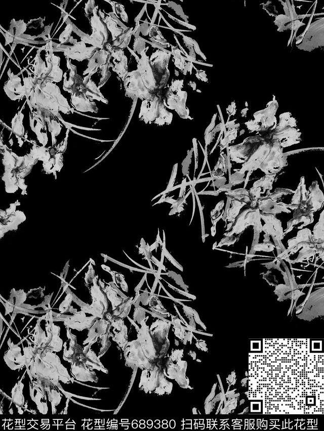 黑白瑕疵花卉数码印花花型下载（图片编号: 689380） - 瓦栏（Walan）