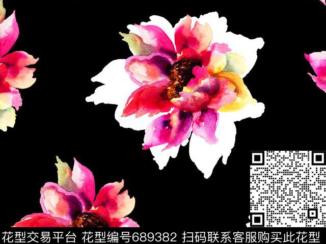 手绘大朵绽开数码印花花型下载（图片编号: 689382） - 瓦栏（Walan）