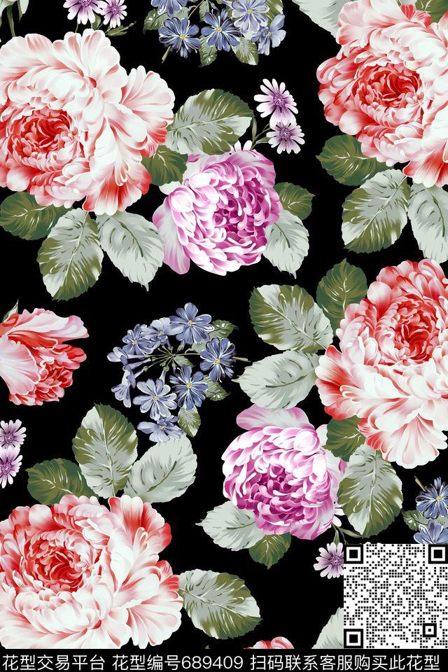 浪漫花卉女装花型玫瑰数码印花花型下载（图片编号: 689409） - 瓦栏（Walan）