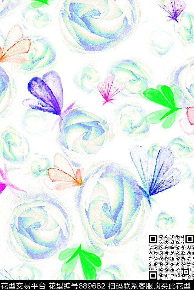 蝴蝶花卉小清新数码印花花型下载（图片编号: 689682） - 瓦栏（Walan）