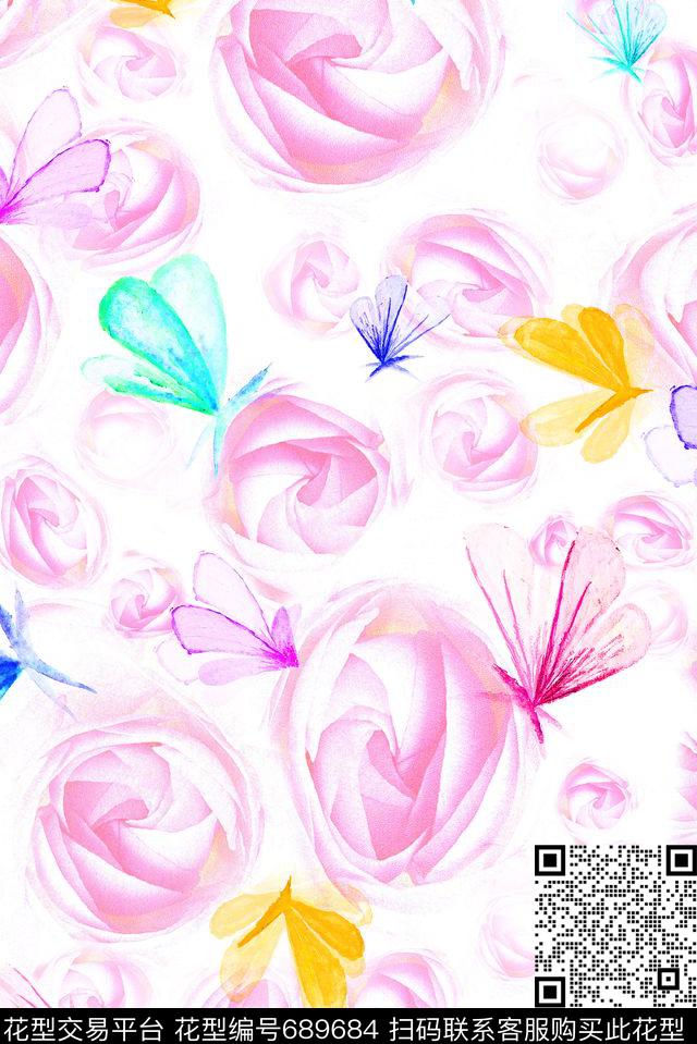 蝴蝶花卉小清新数码印花花型下载（图片编号: 689684） - 瓦栏（Walan）