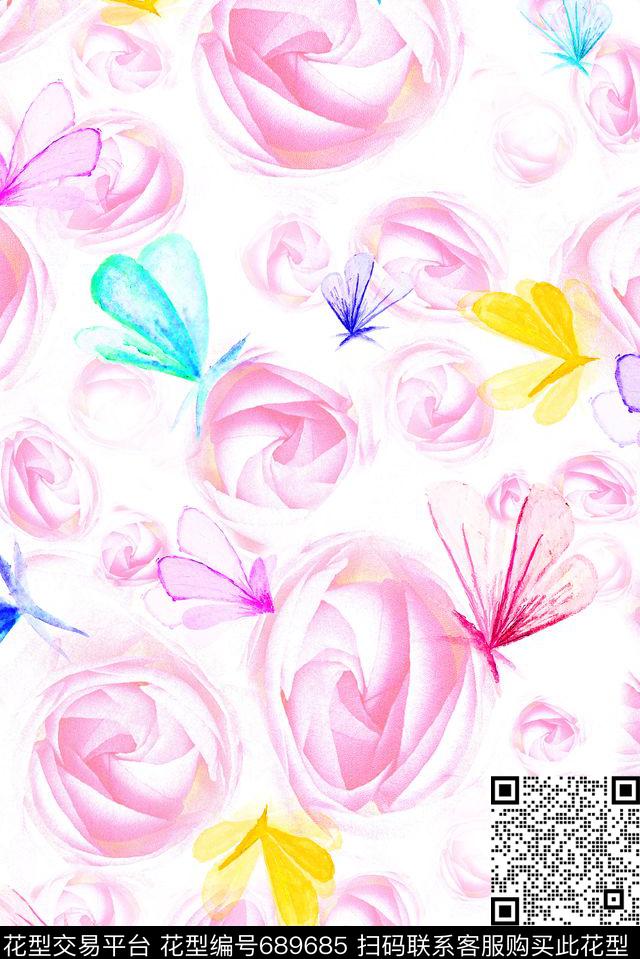 蝴蝶花卉小清新数码印花花型下载（图片编号: 689685） - 瓦栏（Walan）