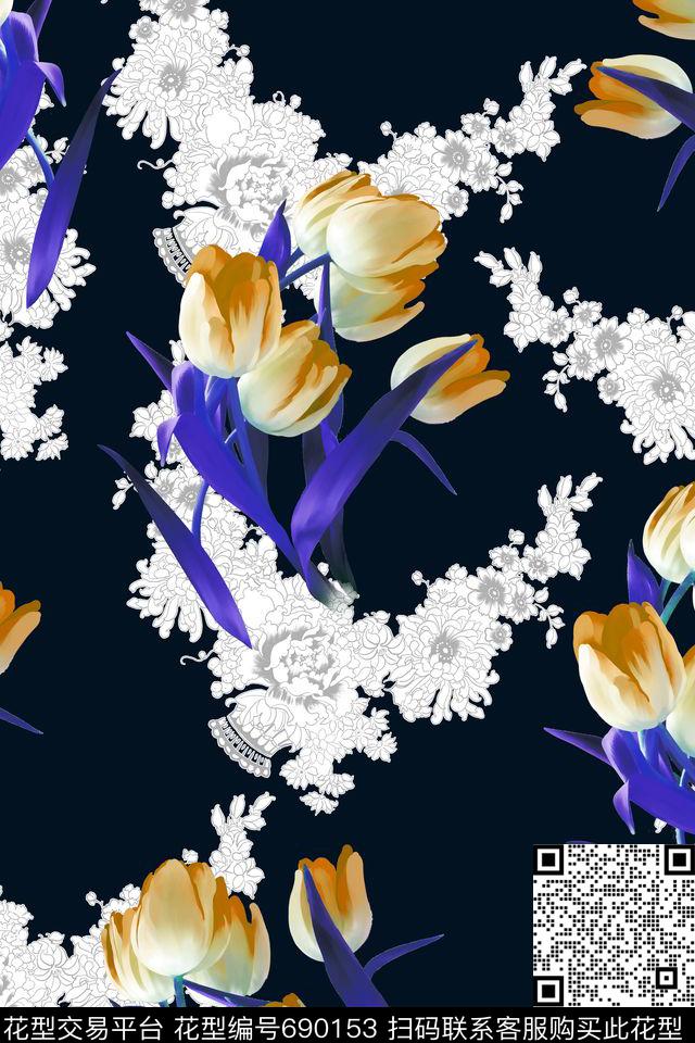 女装复古花卉数码印花花型下载（图片编号: 690153） - 瓦栏（Walan）