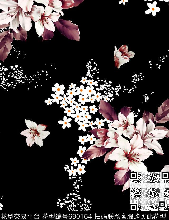女装复古花卉数码印花花型下载（图片编号: 690154） - 瓦栏（Walan）