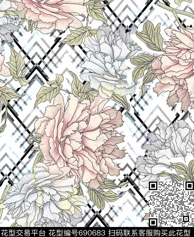 hll-d9.tif - 690683 - L.D~几何格子条纹 L.D~花卉 L.D~水彩 - 数码印花花型 － 女装花型设计 － 瓦栏