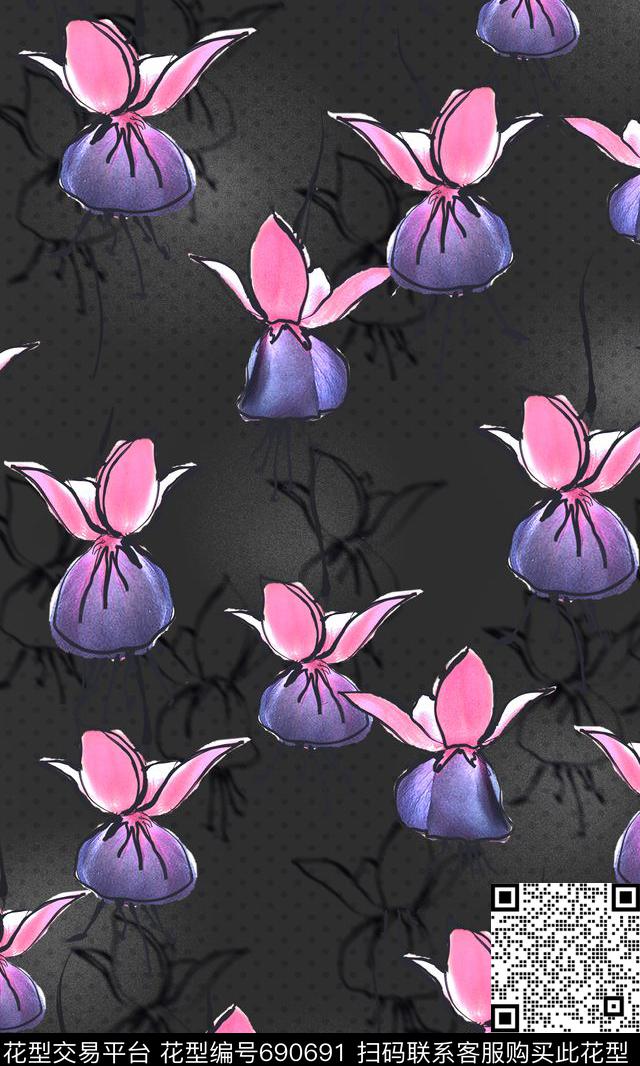 时尚花卉手绘数码印花花型下载（图片编号: 690691） - 瓦栏（Walan）
