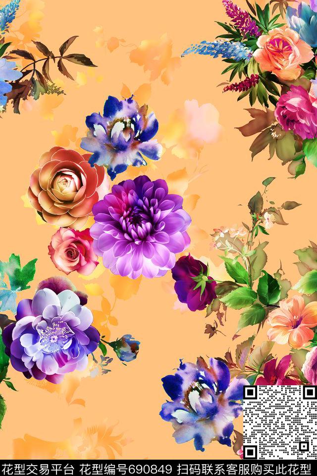 女装花卉复古数码印花花型下载（图片编号: 690849） - 瓦栏（Walan）